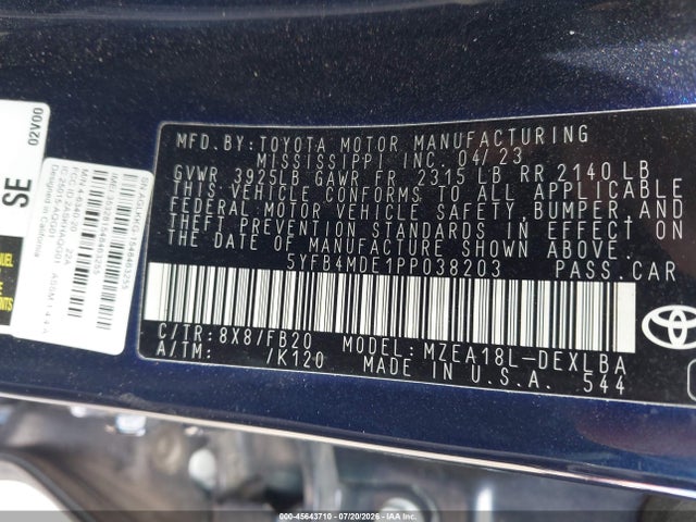 Aukcja sprzedaży 2023 Toyota Corolla Le, vin: 5YFB4MDE1PP038203, numer aukcji: 45643710