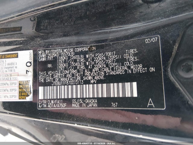 Продаж на аукціоні авто 2007 Toyota Fj Cruiser, vin: JTEBU11F870073113, номер лоту: 45643715