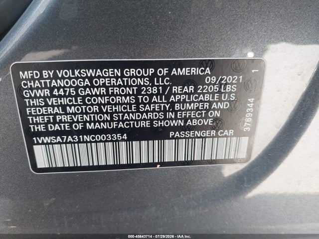 Продаж на аукціоні авто 2022 Volkswagen Passat 2.0t Se, vin: 1VWSA7A31NC003354, номер лоту: 45643714