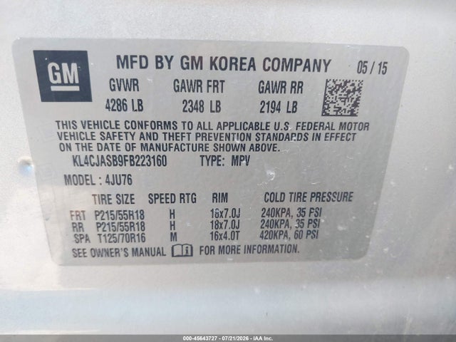 2015 Buick Encore მანქანა იყიდება აუქციონზე, vin: KL4CJASB9FB223160, აუქციონის ნომერი: 45643727
