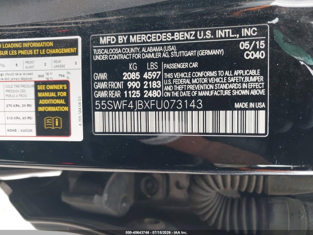 45643746 :رقم المزاد ، 55SWF4JBXFU073143 vin ، 2015 Mercedes-benz C 300 مزاد بيع