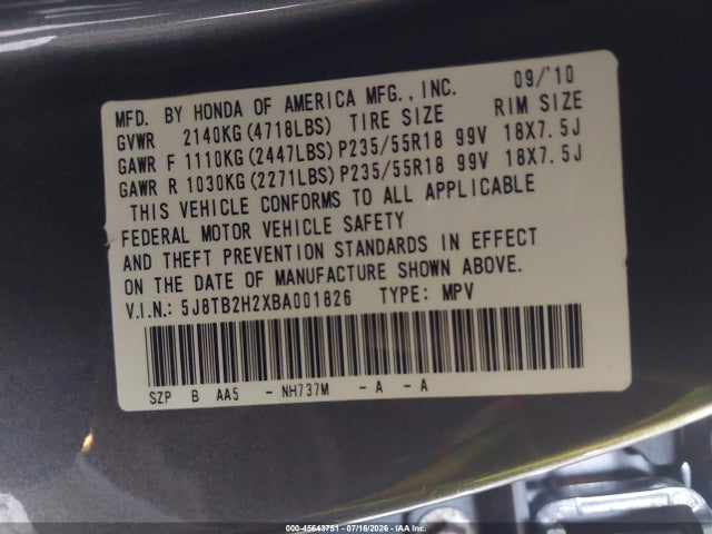 Продажа на аукционе авто 2011 Acura Rdx, vin: 5J8TB2H2XBA001826, номер лота: 45643751