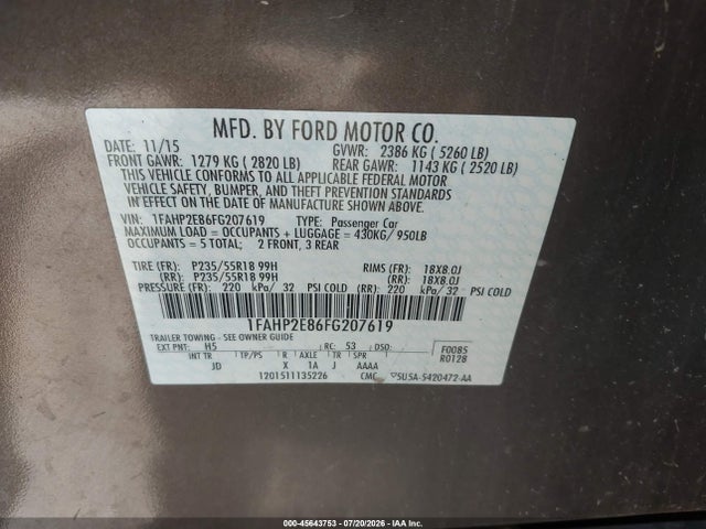 Ford TAURUS SEL 2015 1FAHP2E86FG207619 Image 9