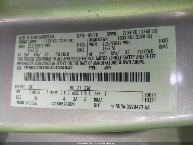 Ford ESCAPE SE 2018 1FMCU0G95JUC64942 Image 9