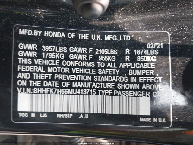 Продаж на аукціоні авто 2021 Honda Civic Ex, vin: SHHFK7H66MU413715, номер лоту: 45643760