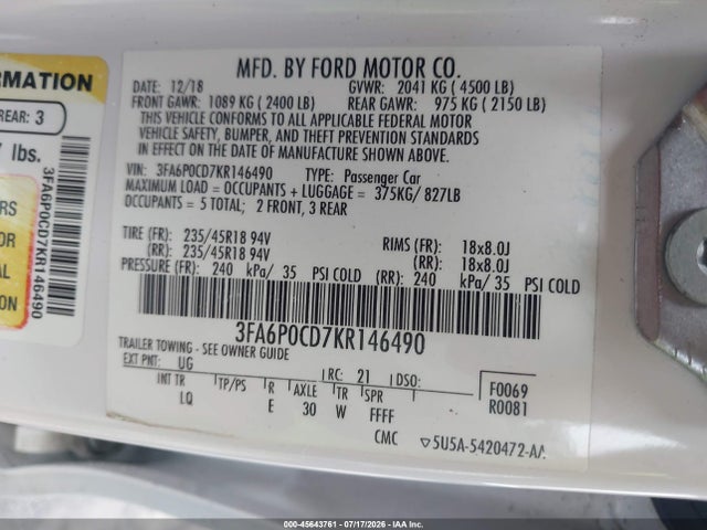 3FA6P0CD7KR146490 Ford FUSION SEL