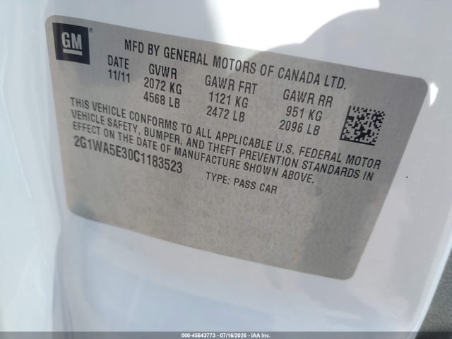 Aukcja sprzedaży 2012 Chevrolet Impala Ls, vin: 2G1WA5E30C1183523, numer aukcji: 45643773