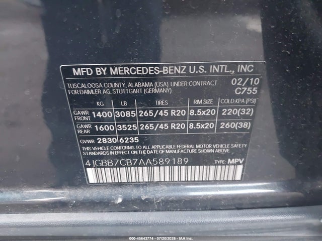 45643774 :رقم المزاد ، 4JGBB7CB7AA589189 vin ، 2010 Mercedes-benz Ml 550 4matic مزاد بيع