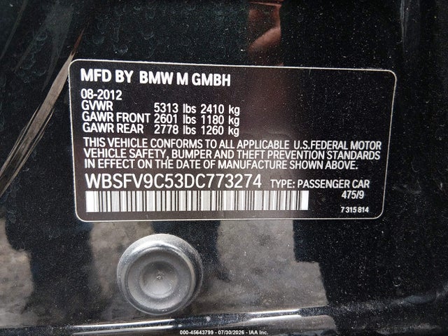 2013 Bmw M5 მანქანა იყიდება აუქციონზე, vin: WBSFV9C53DC773274, აუქციონის ნომერი: 45643799