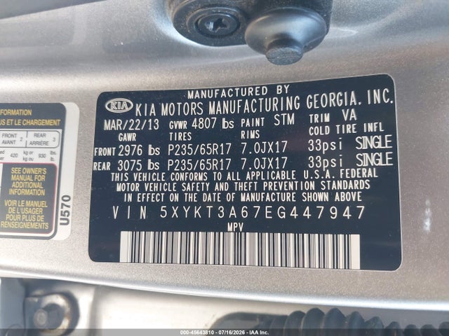 45643810 :رقم المزاد ، 5XYKT3A67EG447947 vin ، 2014 Kia Sorento Lx مزاد بيع