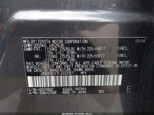 45643840 :رقم المزاد ، JTMZFREV7FJ032087 vin ، 2015 Toyota Rav4 Le مزاد بيع