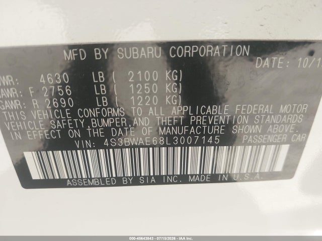 Продаж на аукціоні авто 2020 Subaru Legacy Premium, vin: 4S3BWAE68L3007145, номер лоту: 45643843