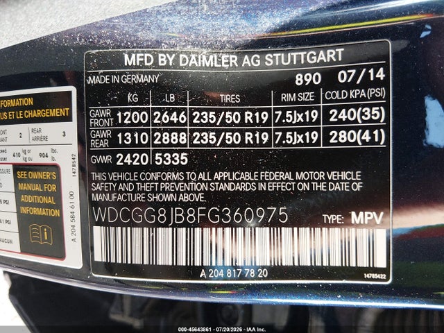 45643861 :رقم المزاد ، WDCGG8JB8FG360975 vin ، 2015 Mercedes-benz Glk 350 4matic مزاد بيع