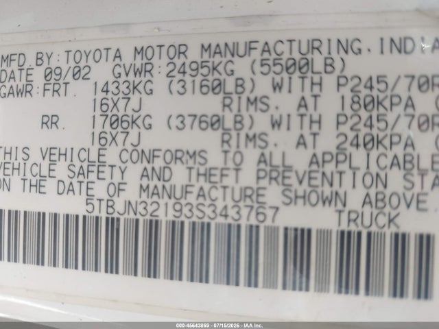 Продаж на аукціоні авто 2003 Toyota Tundra, vin: 5TBJN32193S343767, номер лоту: 45643869