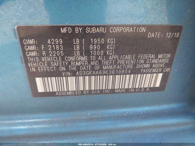 Продаж на аукціоні авто 2019 Subaru Impreza 2.0i, vin: 4S3GKAA69K3610854, номер лоту: 45643874