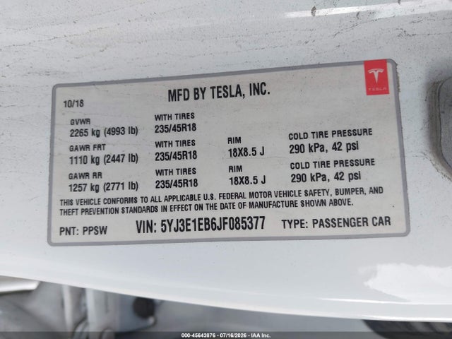 Tesla Model 3 Long Range/performance 2018 5YJ3E1EB6JF085377 Image 9
