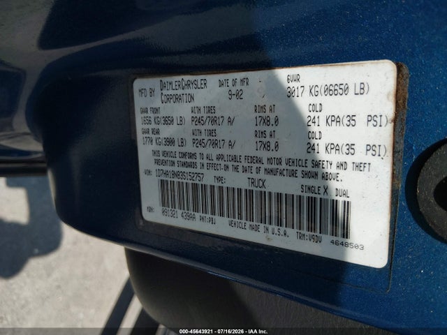 Aukcja sprzedaży 2003 Dodge Ram 1500 Slt/laramie/st, vin: 1D7HA18N83S152757, numer aukcji: 45643921