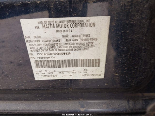45643924 :رقم المزاد ، 1YVHZ8CH1A5M06828 vin ، 2010 Mazda Mazda6 I Touring Plus مزاد بيع