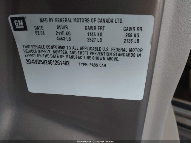 2006 Buick Lacrosse Cxl მანქანა იყიდება აუქციონზე, vin: 2G4WD582461261402, აუქციონის ნომერი: 45643926