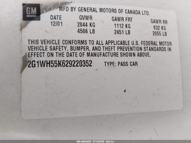 Продаж на аукціоні авто 2002 Chevrolet Impala Ls, vin: 2G1WH55K629220352, номер лоту: 45643935