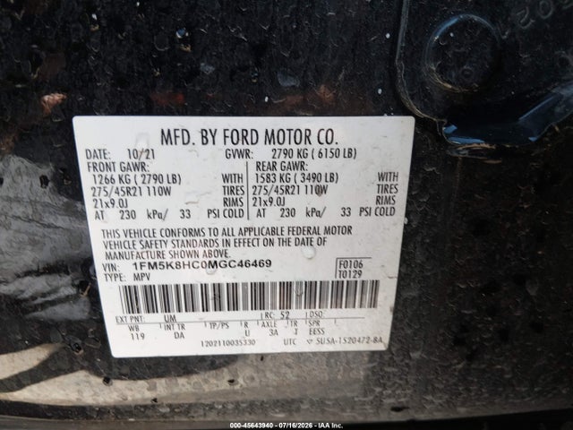 2021 Ford Explorer Platinum მანქანა იყიდება აუქციონზე, vin: 1FM5K8HC0MGC46469, აუქციონის ნომერი: 45643940