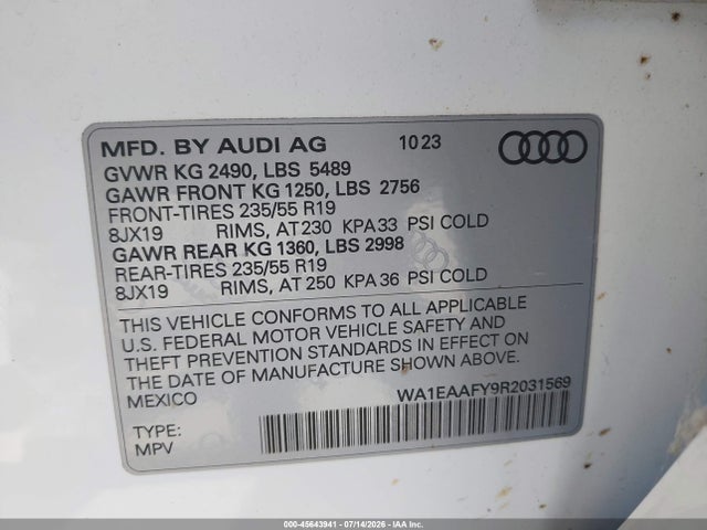 45643941 :رقم المزاد ، WA1EAAFY9R2031569 vin ، 2024 Audi Q5 Premium Plus 45 Tfsi S Line Quattro مزاد بيع