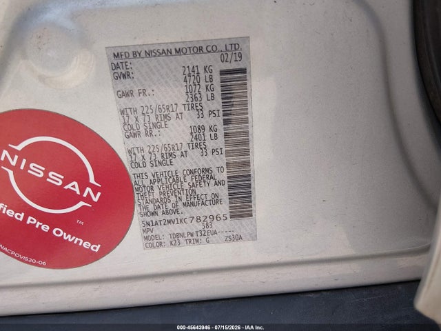 Auction sale of the 2019 Nissan Rogue S, vin: 5N1AT2MV1KC782965, lot number: 45643946