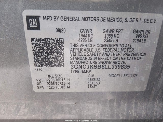 Продаж на аукціоні авто 2020 Chevrolet Trax Fwd Ls, vin: 3GNCJKSB8LL339835, номер лоту: 45643952