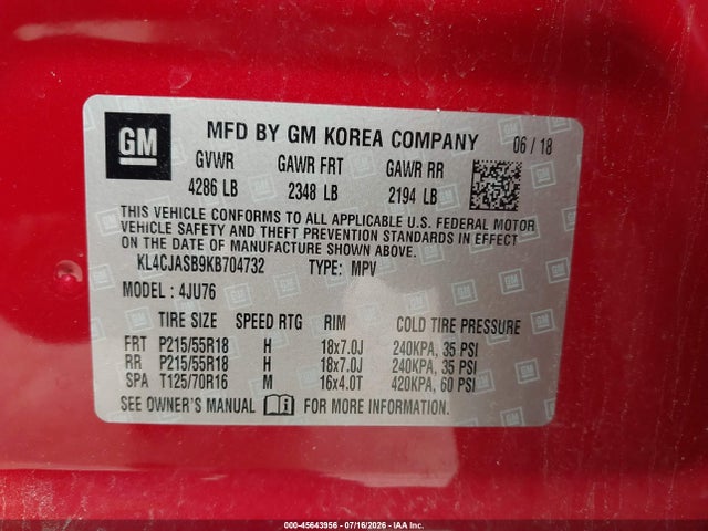 Aukcja sprzedaży 2019 Buick Encore Fwd Preferred, vin: KL4CJASB9KB704732, numer aukcji: 45643956