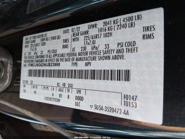 45643962 :رقم المزاد ، 1FMCU9G62NUB23990 vin ، 2022 Ford Escape Se مزاد بيع