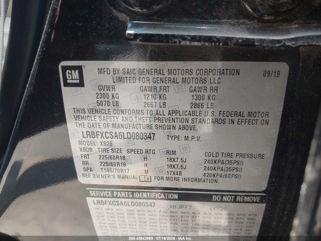 45643969 :رقم المزاد ، LRBFXCSA6LD080347 vin ، 2020 Buick Envision Fwd Essence مزاد بيع