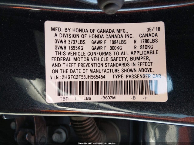Honda Civic Lx 2018 2HGFC2F53JH565454 Image 9