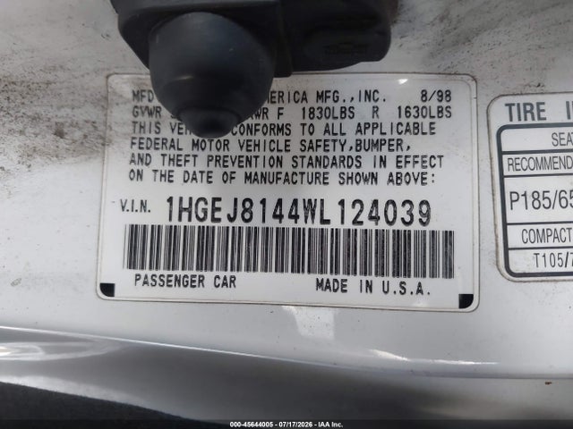 Продажа на аукционе авто 1998 Honda Civic Ex, vin: 1HGEJ8144WL124039, номер лота: 45644005