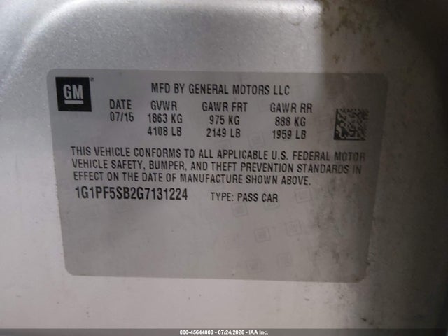 Aukcja sprzedaży 2016 Chevrolet Cruze Limited 2lt Auto, vin: 1G1PF5SB2G7131224, numer aukcji: 45644009