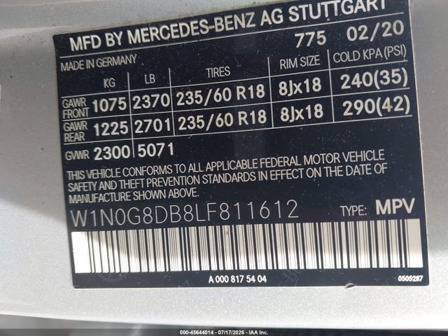 Aukcja sprzedaży 2020 Mercedes-benz Glc 300, vin: W1N0G8DB8LF811612, numer aukcji: 45644014