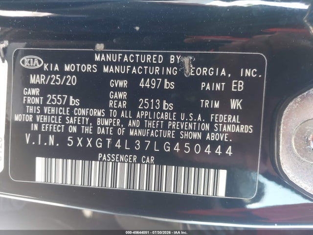 45644051 :رقم المزاد ، 5XXGT4L37LG450444 vin ، 2020 Kia Optima Lx مزاد بيع