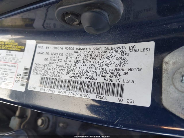 Продажа на аукционе авто 2006 Toyota Tacoma Prerunner V6, vin: 5TEKU72N76Z249421, номер лота: 45644055