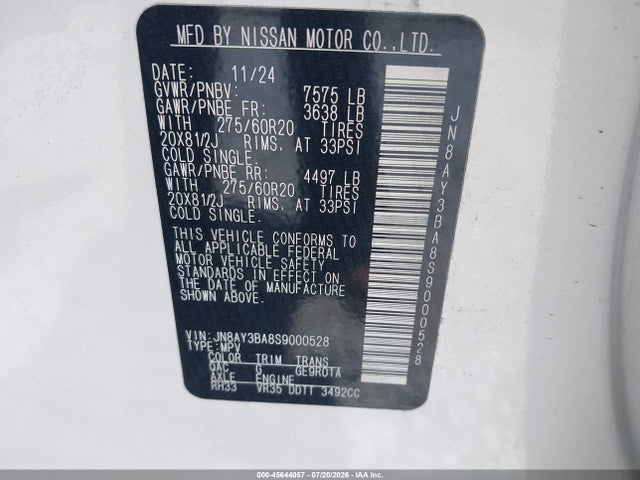 45644057 :رقم المزاد ، JN8AY3BA8S9000528 vin ، 2025 Nissan Armada Sl 2wd مزاد بيع