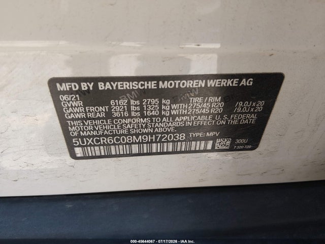 Aukcja sprzedaży 2021 Bmw X5 Xdrive40i, vin: 5UXCR6C08M9H72038, numer aukcji: 45644067