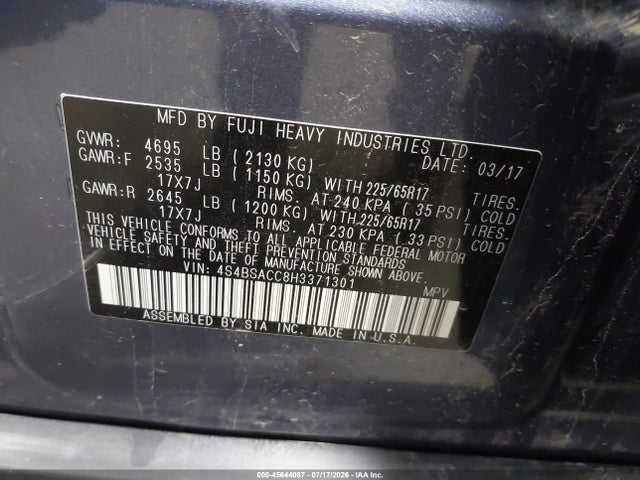 Продажа на аукционе авто 2017 Subaru Outback 2.5i Premium, vin: 4S4BSACC8H3371301, номер лота: 45644087