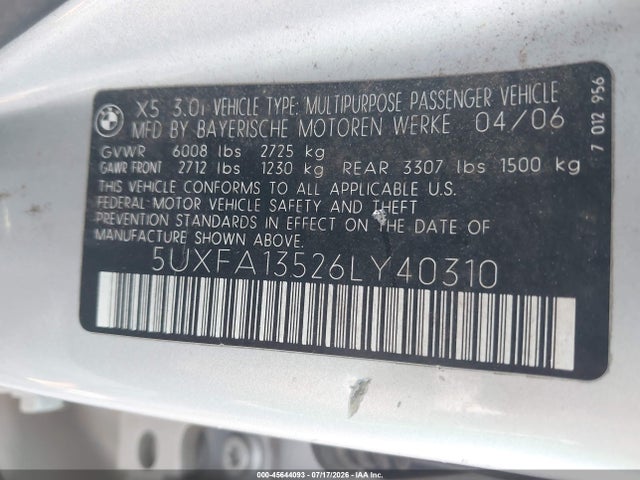 45644093 :رقم المزاد ، 5UXFA13526LY40310 vin ، 2006 Bmw X5 3.0i مزاد بيع