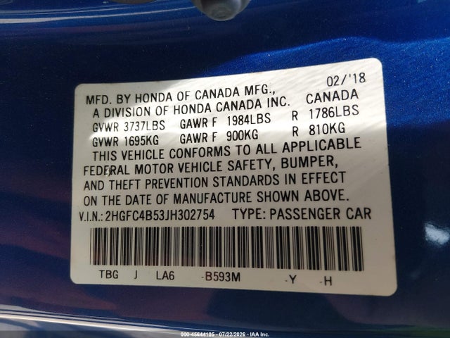 Продажа на аукционе авто 2018 Honda Civic Lx, vin: 2HGFC4B53JH302754, номер лота: 45644105