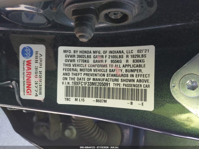 Honda CIVIC EX 2021 19XFC1F33ME205091 Image 9