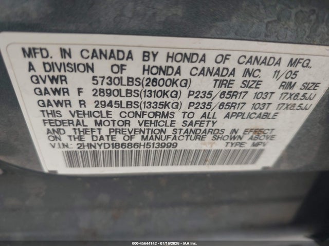 45644142 :رقم المزاد ، 2HNYD18686H513999 vin ، 2006 Acura Mdx مزاد بيع