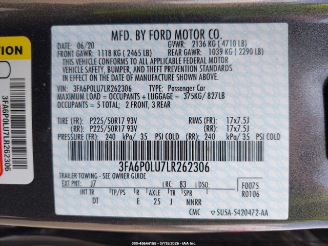 Ford Fusion Hybrid Se 2020 3FA6P0LU7LR262306 Image 9