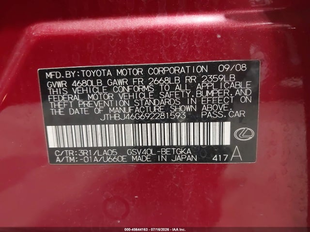 Aukcja sprzedaży 2009 Lexus Es 350, vin: JTHBJ46G692281593, numer aukcji: 45644163