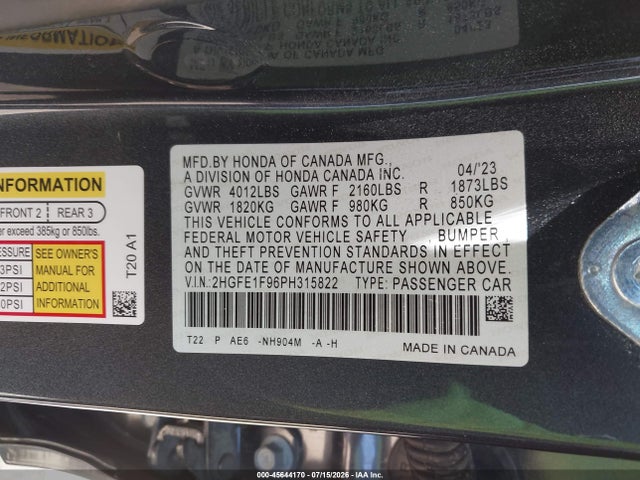 2HGFE1F96PH315822 Honda Civic Touring