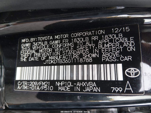 2016 Toyota Prius C Persona Series მანქანა იყიდება აუქციონზე, vin: JTDKDTB36G1118788, აუქციონის ნომერი: 45644176