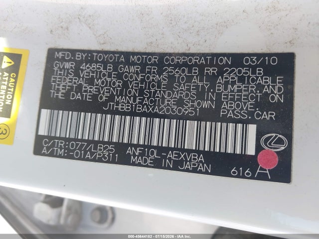 Aukcja sprzedaży 2010 Lexus Hs 250h, vin: JTHBB1BAXA2030951, numer aukcji: 45644182