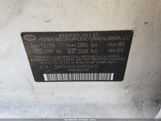 Auction sale of the 2015 Hyundai Elantra Se, vin: 5NPDH4AE5FH550432, lot number: 45644190